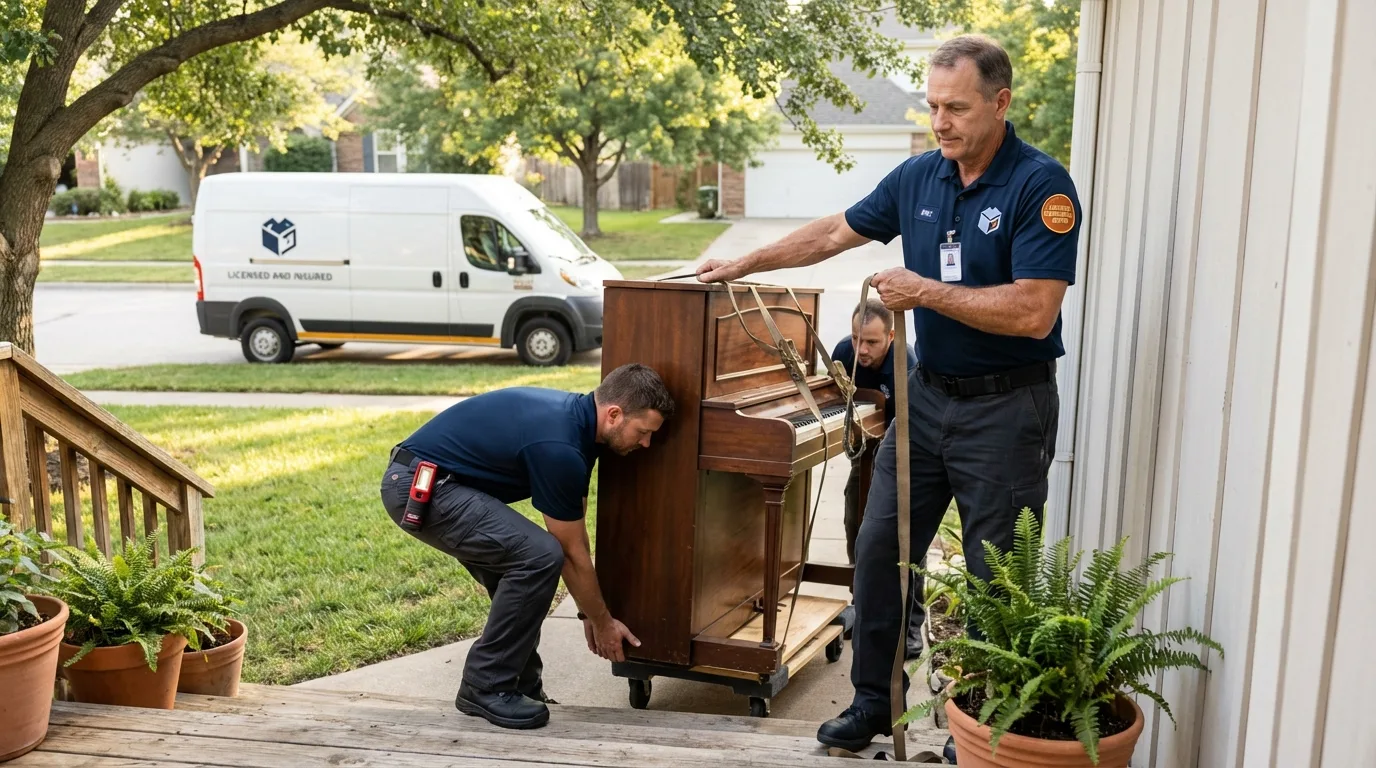 Licensed piano movers securing grand piano in Gladstone, NJ