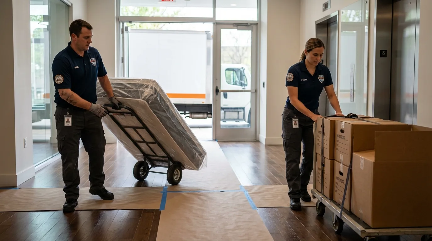 Professional apartment movers loading elevator in Gladstone, NJ